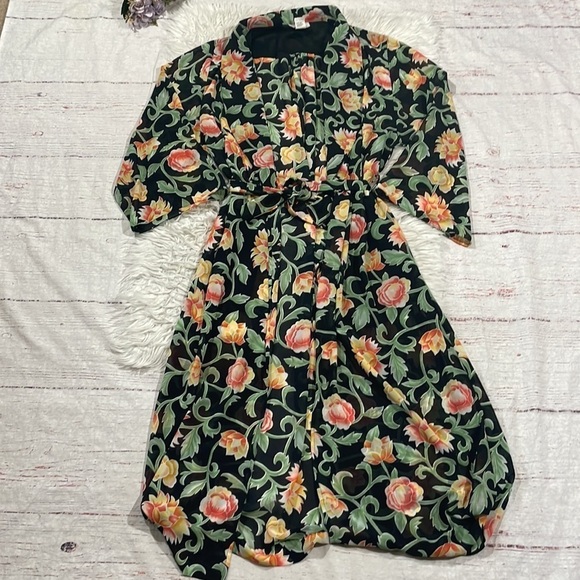 Natori Vintage Rose Floral Semi Sheer Long Duster Tie Front Robe - Picture 1 of 11